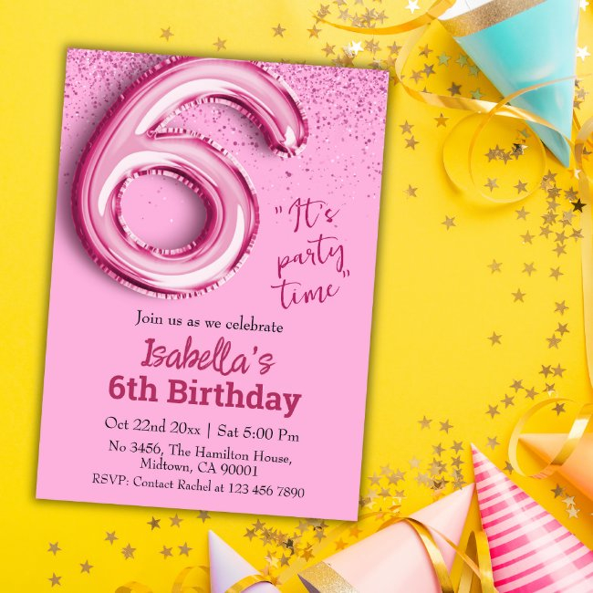 Pink Glitter Cute Balloon No.6 Girly 6th Birthday Invitation
