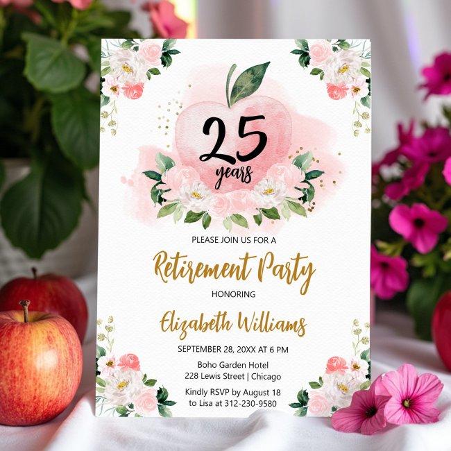 Pink Gold Apple Floral Teacher Retirement Party Invitation