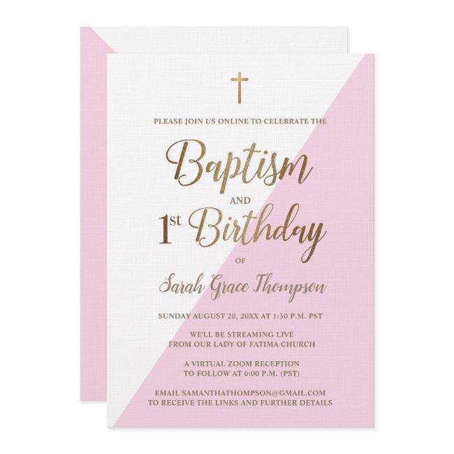 Pink Gold Custom Virtual Baptism First Birthday Invitation