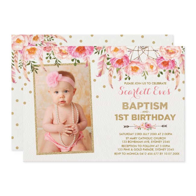 Pink Gold Dreamcatcher Baptism 1st Birthday Party Invitation