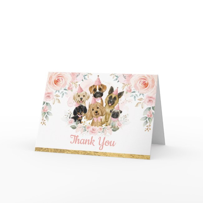 Pink Gold Flower Puppy Pet Dogs Birthday Thank You Invitations