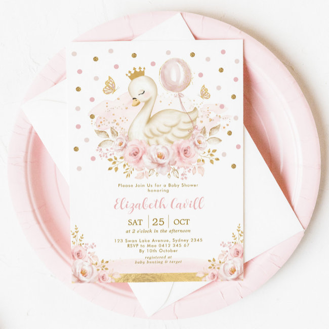 Pink Gold Swan Princess With Balloon Baby Shower Invitation