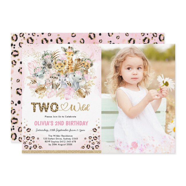 Pink Gold Tropical Safari Two Wild Photo Birthday Invitation
