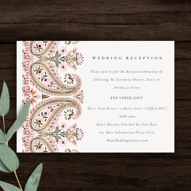 Pink Green Floral Paisley Motif Wedding Reception Enclosure Invitations