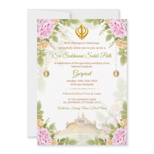 Pink & Green Floral Sukhmani Path Invitation Invitations