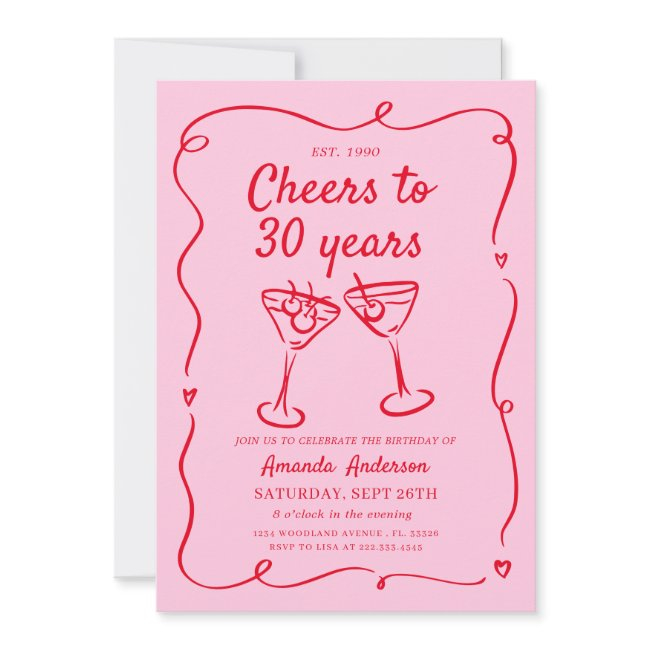 Pink Hand Drawn Cocktail 30th,40th,50th, Birthday Invitation