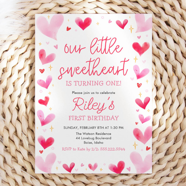Pink Hearts Our Little Sweetheart Birthday Invitation