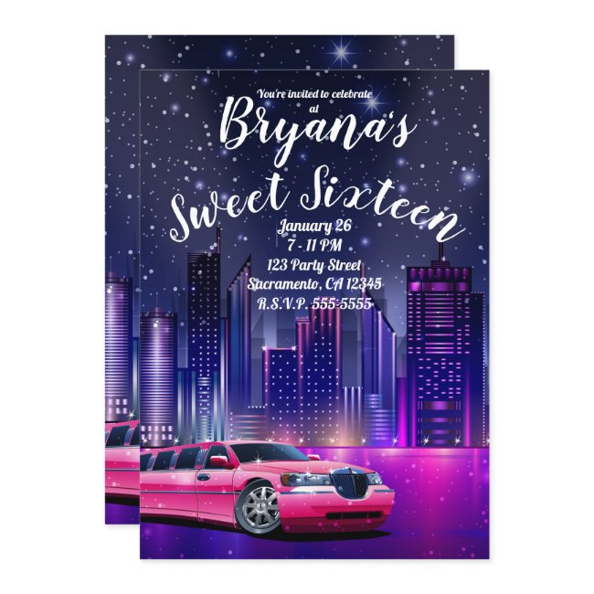 Pink Limo Limousine City Sweet 16 Birthday Photo Invitation