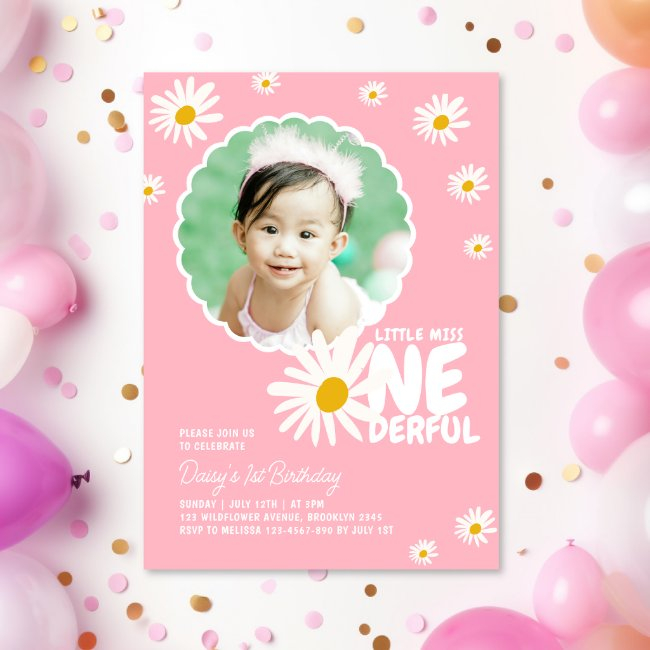 Pink Little Miss Onederful Daisy Photo Birthday Invitation