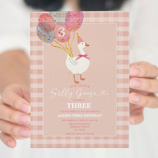 Pink Little Silly Goose Balloons Girl 3rd Birthday Invitation