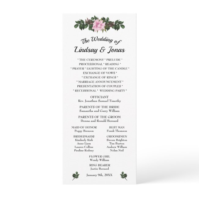 Pink Magnolia Greenery Wedding Programme Menu
