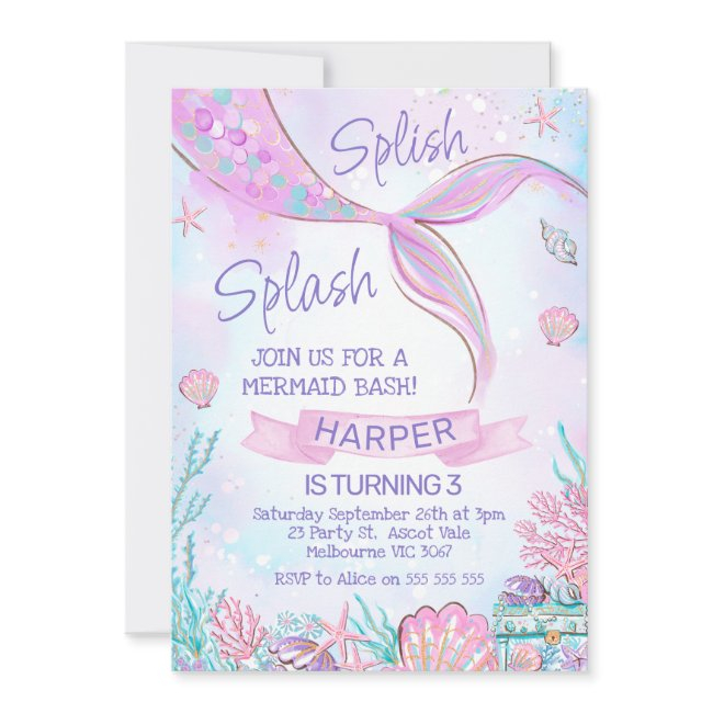 Pink Mermaid Tail Under The Sea Birthday Invitation