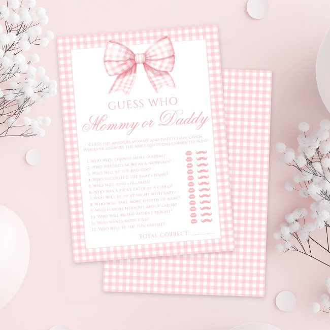 Pink Mommy Or Daddy Bow Gingham Baby Shower Game Invitation