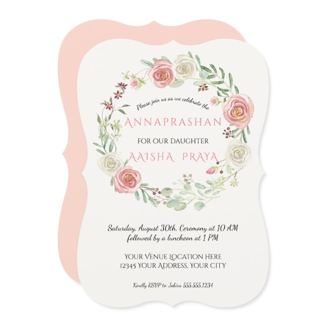 Pink N White Rose Wreath Annaprashan Baby Girl Invitation