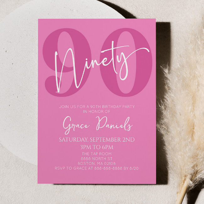 Pink Ninety 90th Ninetieth Birthday Party Invitation