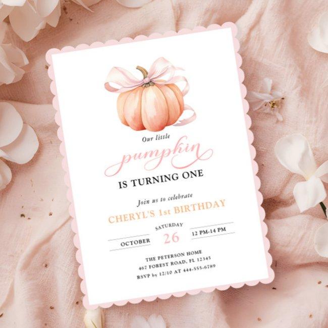 Pink Orange Pumpkin Bow Girl First Birthday Invitation