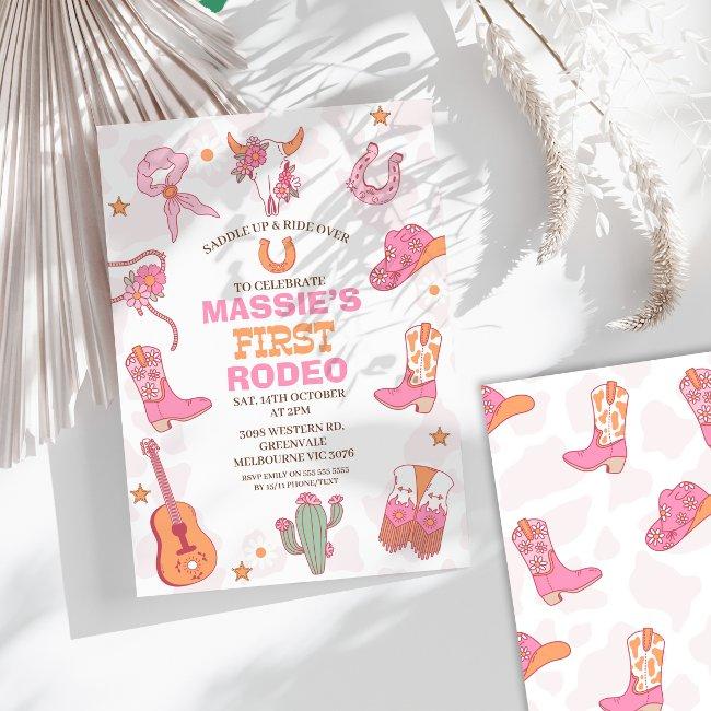 Pink Orange Retro 1st Rodeo Birthday Invitation