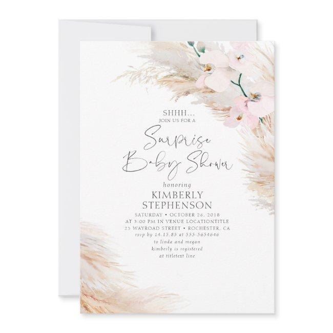 Pink Orchids Pampas Grass Surprise Baby Shower Invitation