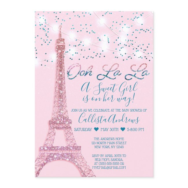 Pink Paris Eiffel Tower Glitter Lights Baby Shower Invitation