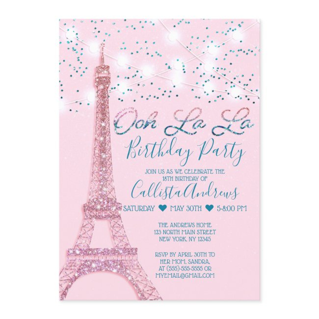 Pink Paris Eiffel Tower Glitter Lights Birthday Invitation
