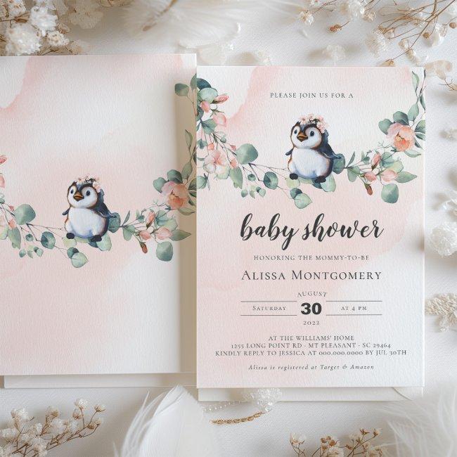 Pink Penguin Baby Shower Girl Invitation