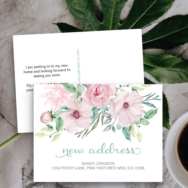 Pink Peony Floral My New Address Announcement Postinvitations