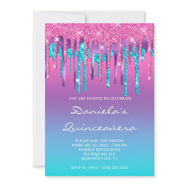 Pink Purple Aqua Teal Gradient Drip Quinceañera Invitation