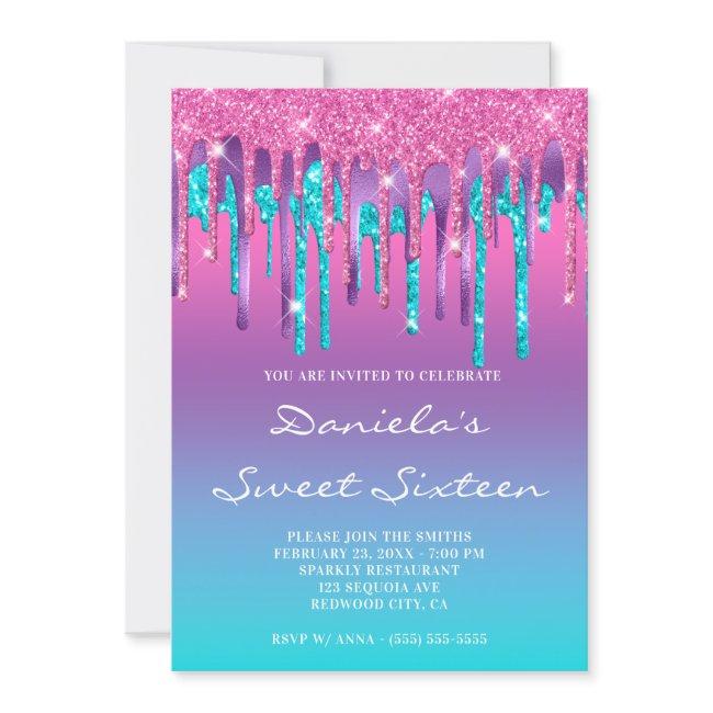 Pink Purple Aqua Teal Gradient Drip Sweet Sixteen Invitation