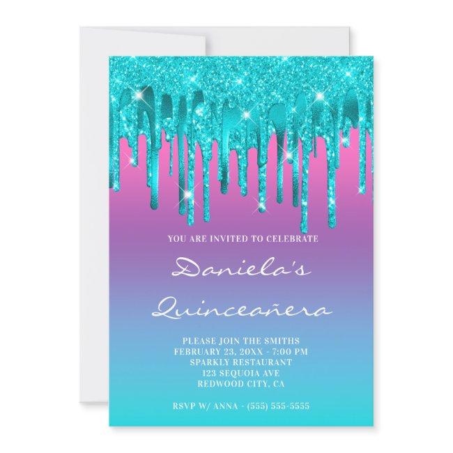 Pink Purple Blue Gradient Teal Drip Quinceañera Invitation