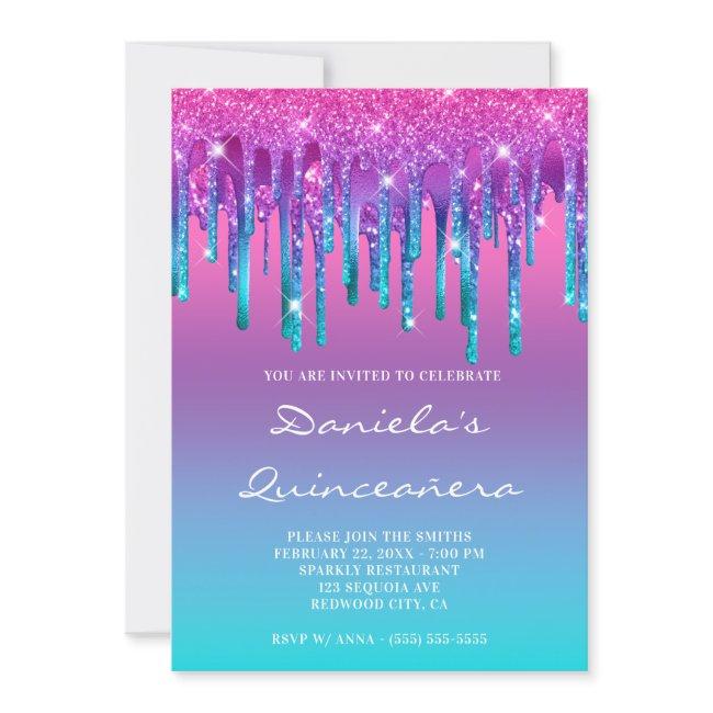 Pink Purple Blue Teal Drip Gradient Quinceañera Invitation