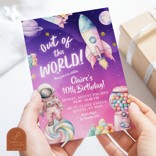 Pink Purple Candy Galaxy Girl's Any Age Birthday Invitation