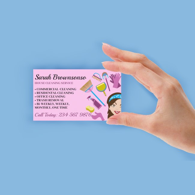 Pink Purple Janitorial Lady Cartoon House Cleaning Business Invitations