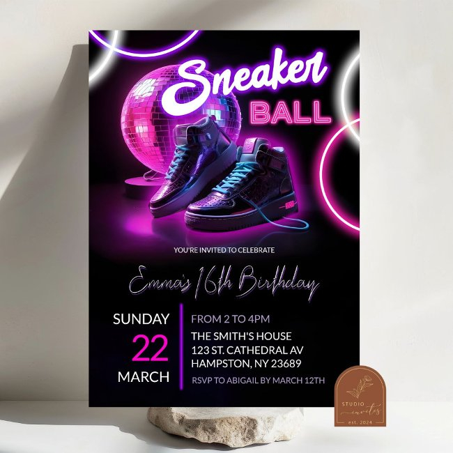 Pink Purple Neon Discoball Sneakerball Birthday Invitation