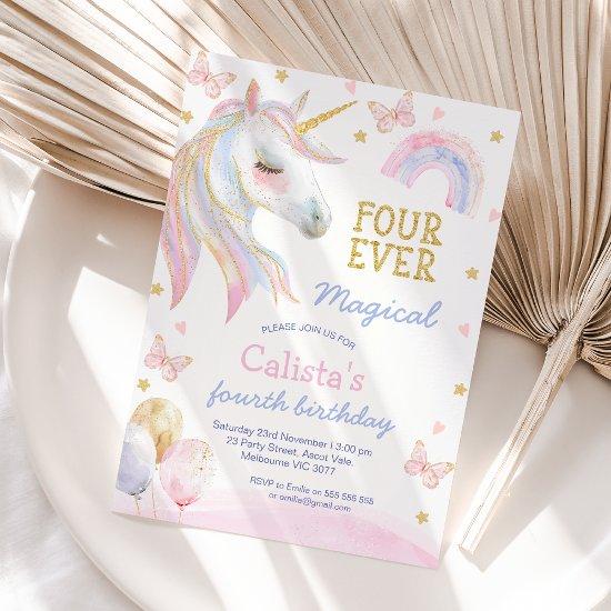 Pink Purple Unicorn Four Ever Magical 4th Birthday Invitation