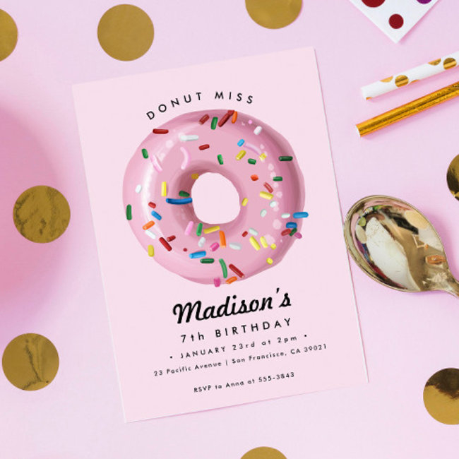 Pink Rainbow Sprinkle Donut Birthday Party Invitation