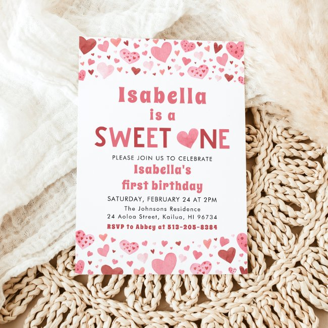 Pink Red Hearts Sweet One Valentine First Birthday Invitation