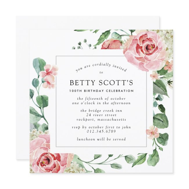 Pink Rose Floral 100th Birthday Party Invitation