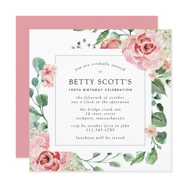 Pink Rose Floral Botanical 100th Birthday Party Invitation