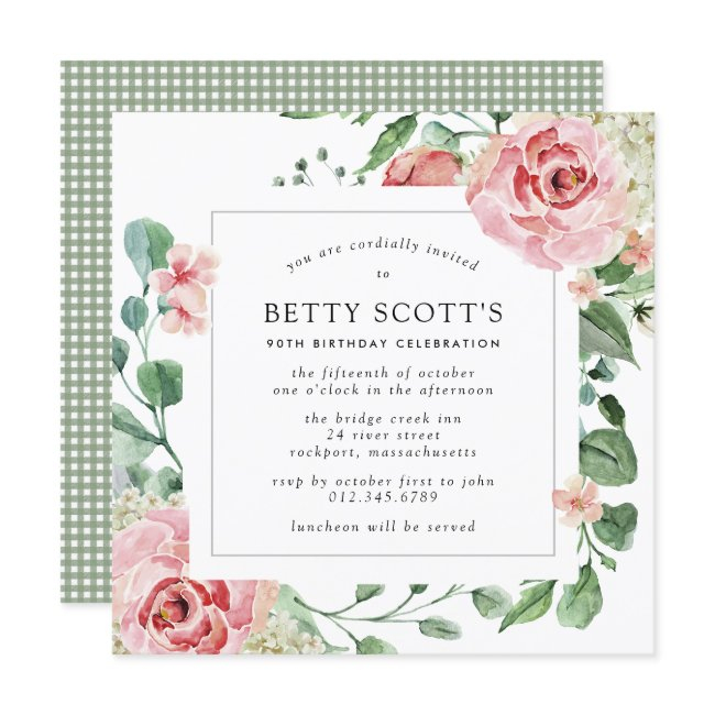 Pink Rose Floral Botanical 90th Birthday Party Invitation
