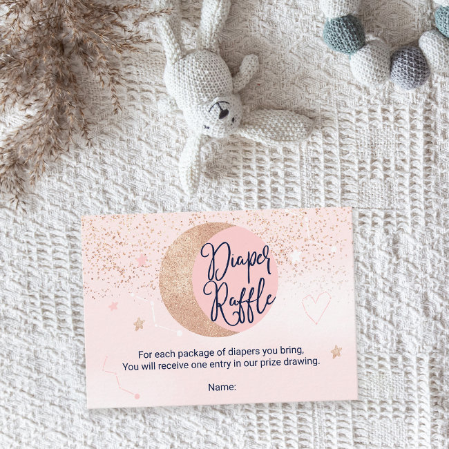 Pink Rose Gold Glitter Moon Baby Diaper Raffle Enclosure Invitations