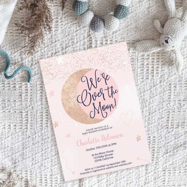 Pink Rose Gold Glitter Over The Moon Baby Shower Invitation