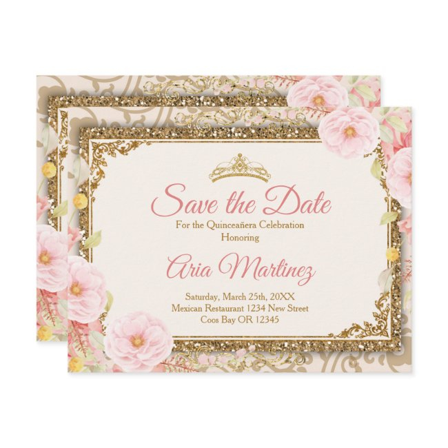 Pink Rose Gold Quinceañera 15 Anos Save The Date Thank You Invitations