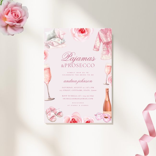 Pink Rose Pajamas & Prosecco Pj's Bridal Shower Invitation