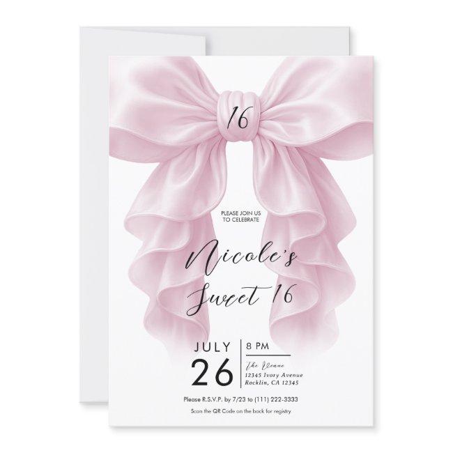 Pink Ruffle Cascade Bow Elegant Sweet 16 Party Invitation