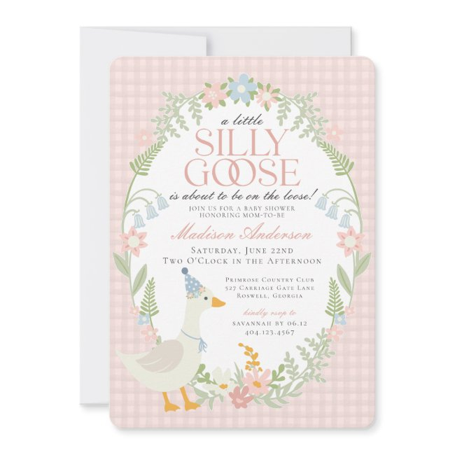 Pink Silly Goose Floral Gingham Baby Shower Invitation