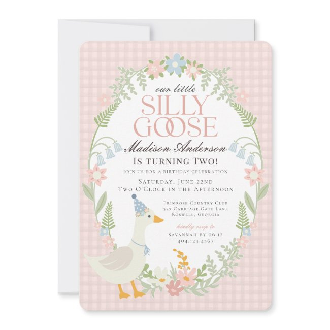 Pink Silly Goose Floral Gingham Birthday Party Invitation