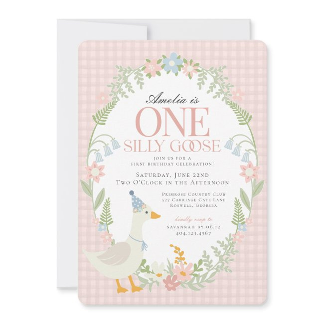 Pink Silly Goose Floral Gingham First Birthday Invitation