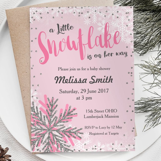 Pink Silver Little Snowflake Baby Shower Invitations