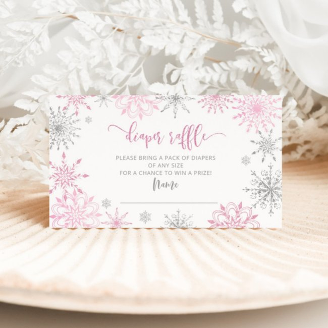 Pink Silver Snowflakes Diaper Raffle Enclosure Invitations