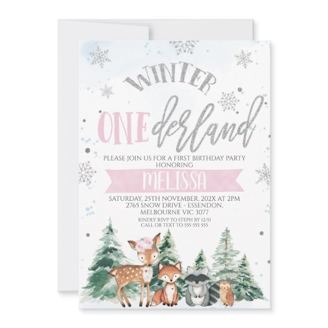 Pink Silver Woodland Onederland First Birthday Inv Invitation